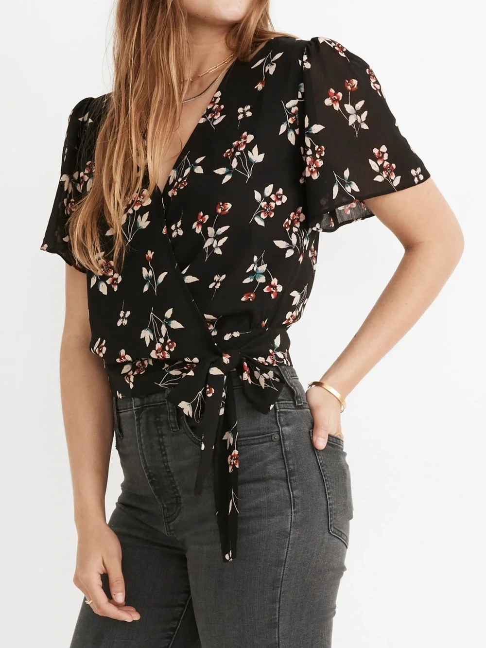 Madewell Botanical Print Wrap Top Blouse in True Black Size S EUC